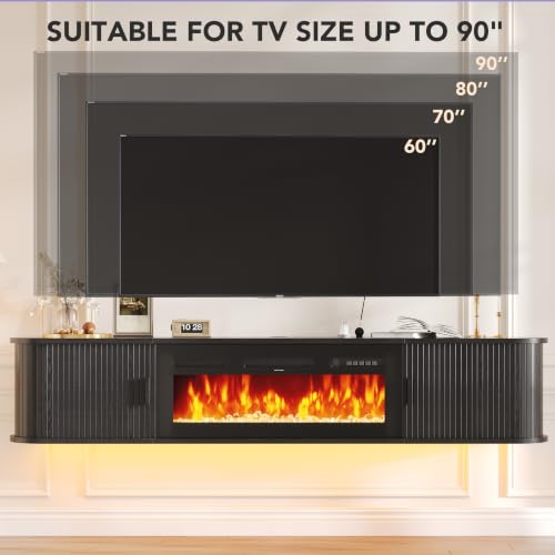 80" Floating TV Stand with Electric Fireplace, Wall Mounted Fireplace TV Stand, view 7