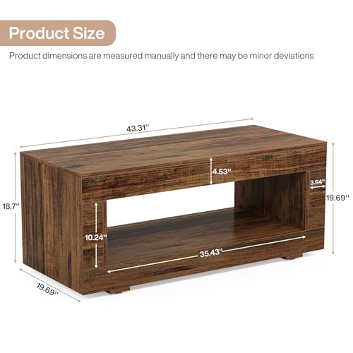 Tribesigns Wood Coffee Table for Living Room, 43.3" Modern Farmhouse Coffee Table with Storage, 2-Tier Rectangular Center Table Cocktail Living Room Table with Sturdy Base, Rustic Brown