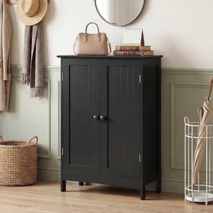 Bathroom Storage Cabinet, Freestanding Wooden Floor Cabinet with Double Doors, Adjustable Shelf, Modern Storage Organizers for Kitchen, Living Room, Entryway (Black)