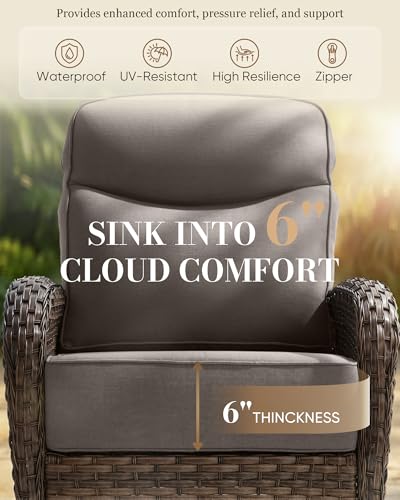 Upgraded 6“ Cushion Luxury 5 Pieces Patio Furniture Set - All Weather Wicker Outdoor Swivel Rocker Patio Chairs of 2 with Ottomans, High Back Glider Chairs Set for Deck Porch - Brown/Grey