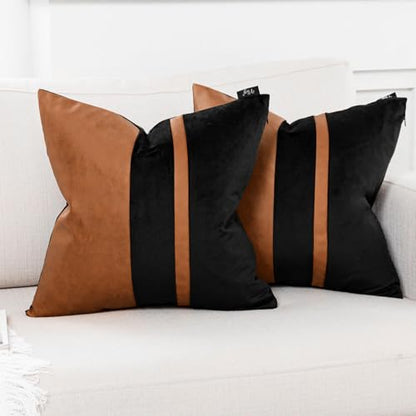 Set of 2 Black and Brown Decorative Throw Pillow Covers 20x20 Inch Faux Leather and Velvet Patchwork Pillow Cover,Modern Farmhouse Accent Pillow Case for Living Room Couch Bed Boho Home Decor