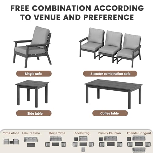 HDPE Patio Furinture Set, 6 Piece Sectional Sofa Outdoor Furniture Set, All Weather Outdoor Couch Set Patio Conversation Set for Deck, Lawn, Grey