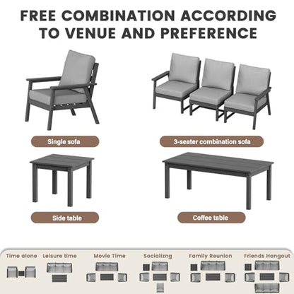 HDPE Patio Furinture Set, 6 Piece Sectional Sofa Outdoor Furniture Set, All Weather Outdoor Couch Set Patio Conversation Set for Deck, Lawn, Grey
