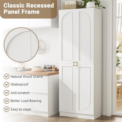 80" Storage Cabinet, Tall Arched Bookcase with 4 Soft Close Doors, 6-Tier Wooden Pantry with Adjustable Shelves, Seamless Fit Wall for Home Office, Living Room, Kitchen (White)