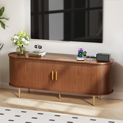 55 Inch Mid Century Modern TV Stand with Power Outlet for TVs up to 60 Inch, Entertainment Center with Storage and Adjustable Shelves, Media Console with Sliding Doors for Living Room(Walnut)