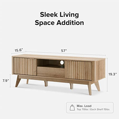 Brooklyn Mid-Century Modern TV Stand, for TVs up to 50” / 59" Waveform Panel, Sleek Curved Profile with Adjustable Shelf and Sturdy Box Frame Leg (Golden Oak, 57")