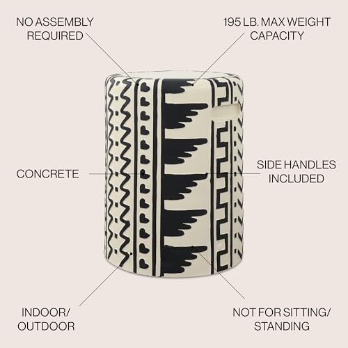 Yoli 18" Geometric Concrete Drum Garden Stool, Black/Cream | Weatherproof Accent Side Table, Indoor Outdoor Versatility, Modern Bohemian Minimalist Style, Integrated Handles
