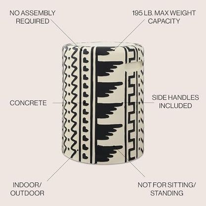 Yoli 18" Geometric Concrete Drum Garden Stool, Black/Cream | Weatherproof Accent Side Table, Indoor Outdoor Versatility, Modern Bohemian Minimalist Style, Integrated Handles