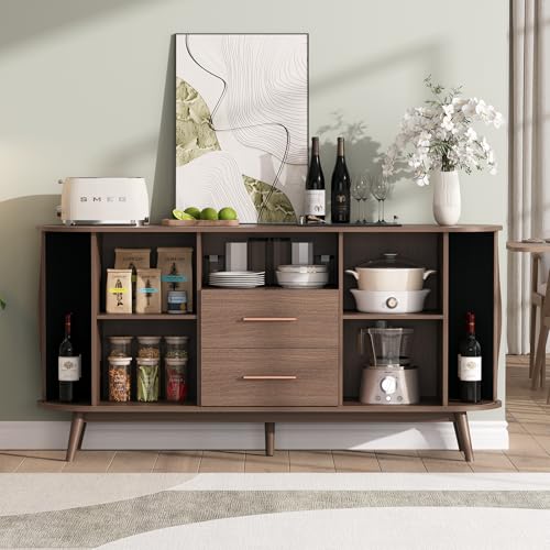 Walnut Sideboard Buffet Cabinet with Storage for Dining Room，63", view 6