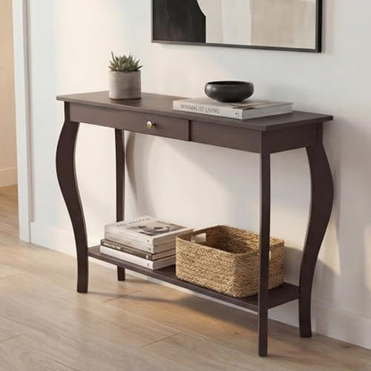 Narrow Console Table with Drawer, Chic Accent Sofa Entryway Table with Shelves for Entryway, Living Room, Hallway, Espresso