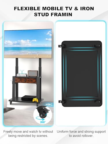 Rolling TV Stand with Fabric Drawer Storage for 32-75 Inch Flat/Curved Screen up to 220lbs LCD/LED/OLED Adjustable Height Mobile TV Cart with Wheels for Home Office Outdoor Max VESA 600x400mm