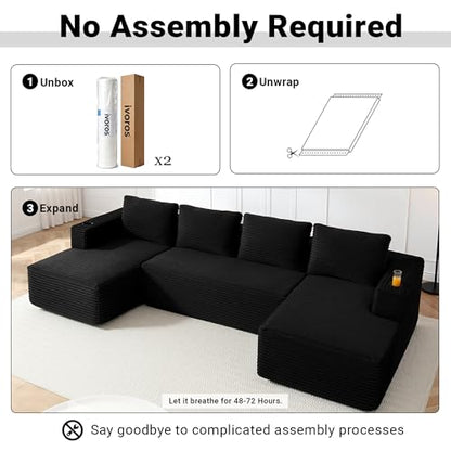 125" Cloud Couch Sectional, Modular Sofa with Cup Holder and Storage Pocket, Corduroy U Shaped Boneless Sofas, Couch in a Box, No Assembly Required, Black Couches for Living Room