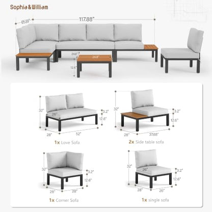 6 Pieces Patio Furniture Set with Cushion, Metal Outdoor Sectional Sofa, Patio Conversation Sets with Wood Side Table, Modular Outdoor Seating Furniture for Backyard Deck Front Porch
