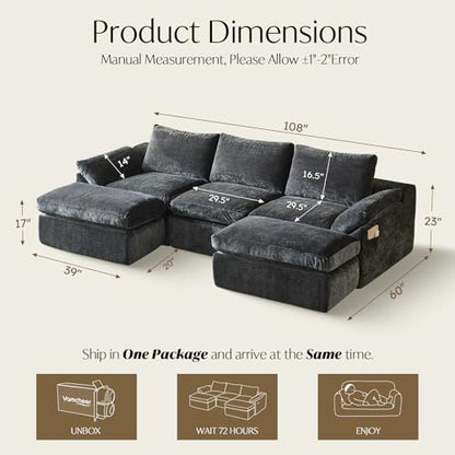 U-Shaped Sectional Sofa with 2 Ottomans, Grey 60.6''x108''x22.8'' | Ultra soft cloud sofa, deep boneless seat, 2 movable ottomans, no assembly, ideal for living room bedroom