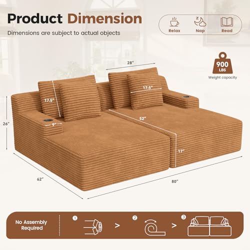 80'' Double Chaise Lounge Chair Indoor, Non-Assembly Deep Seat Sofa with Cup Holders Boneless Bed with 4pcs Pillows for Living Room Bedroom, Camel-Corduroy