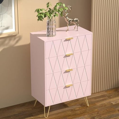 Pink 4 Drawer Dresser, Drawer Chest, Tall Storage Dresser Cabinet Organizer Unit with Metal Legs for Bedroom, Living Room, Closet