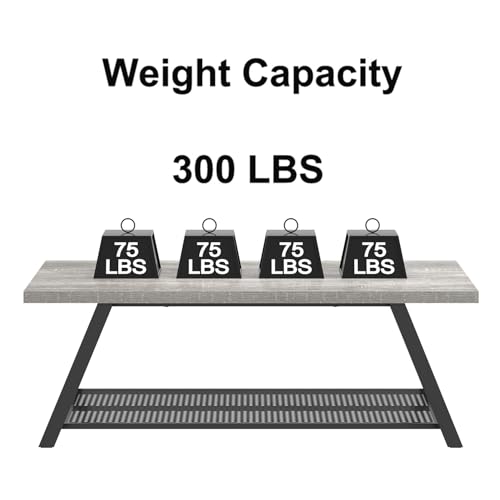 Industrial Coffee Tables for Living Room with Storage, Rustic Wood and Metal Coffee Table, Modern Rectangle Center Cocktail Tea Table, Light Grey, 47 Inch