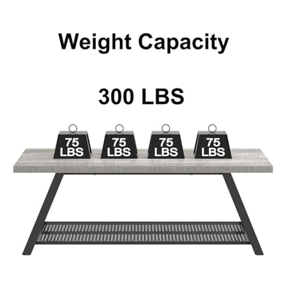 Industrial Coffee Tables for Living Room with Storage, Rustic Wood and Metal Coffee Table, Modern Rectangle Center Cocktail Tea Table, Light Grey, 47 Inch