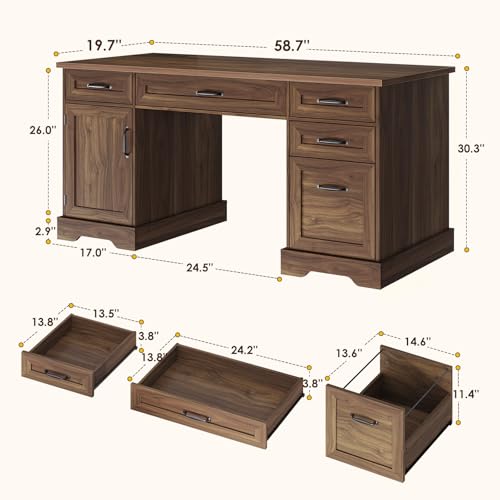 Farmhouse 59 Inch Executive Desk with Drawers, Walnut, view 3