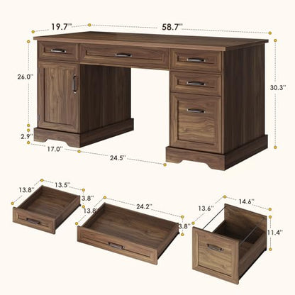Farmhouse 59 Inch Executive Desk with Drawers, Walnut, view 3