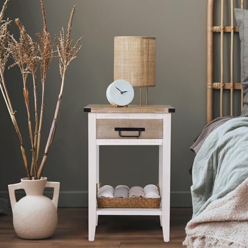 Farmhouse Bedside Table Set of 2, Rustic Nightstand with Drawers and Open Shelf, Side Table End Tables for Bedroom/Living Room/Lounge (Vintage White)