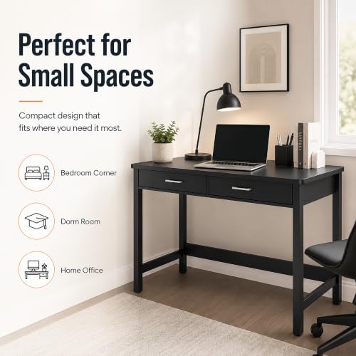 39.4" Small Desk with Wood Drawers, Home Office Computer Desk with Wooden Legs, view 6