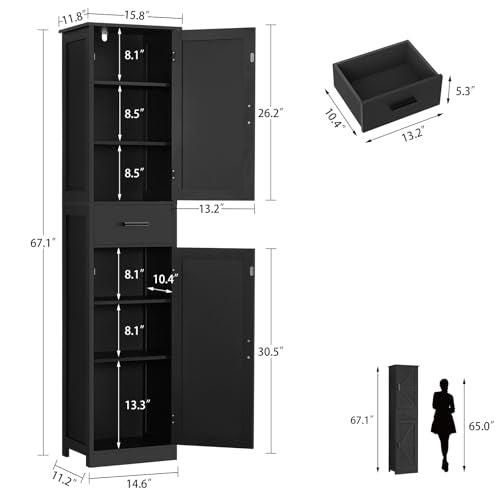 TEENFON Tall Bathroom Cabinet, Storage Cabinet with 6 Shelves & Drawer, Bathroom Storage Cabinet with Adjustable Shelves, Tall Cabinet for Living Room, Home Office, Black