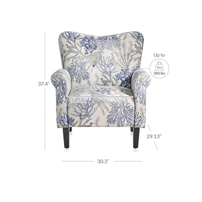Modern Accent Chair for Living Room, High Back Linen Armchair with Wooden Legs, Upholstered Wingback Side Chair Padded Armrest Single Sofa for Living Room, Bedroom - Allston (Blue Coral)