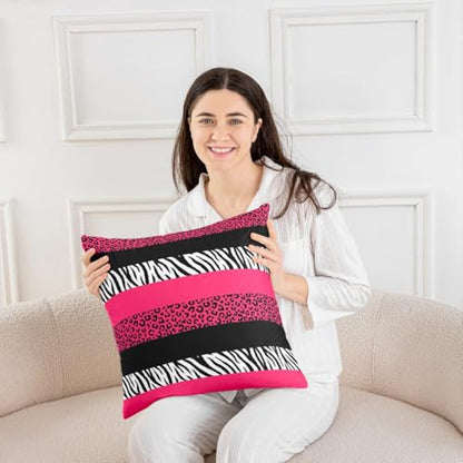 Pink Leopard Print Pillow Covers,18x18 Inch Set of 2,Black Zebra Cheetah Skin Print Cushion Cases for Women Adults,Wild Animal Geometric Stripes Western Style Cushion Covers for Bed Chairs Office