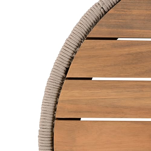 26" Outdoor Rustic Coffee Table,Rattan Rope & Acacia Wood Center Table with Round Top & Iron Frame, Easy Assembly, Versatile Weather-Resistant Patio Furniture for Garden, Yard, Balcony, Beige Teak