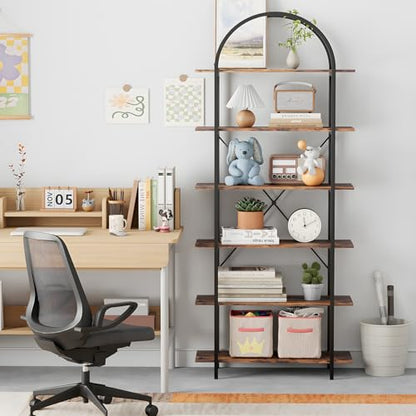 6 Tier Bookshelf, 83" Tall Arched Bookcase, Tall Book Shelf with Metal Frame, Industrial Display Standing Shelf for Living Room, Home Office, Bedroom, Brown