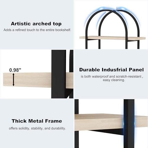 Bookshelf 5 Tier Arched Bookcase, 74" Tall Industrial Open Book Shelves for Living Room, Modern Freestanding Display Shelving Storage Rack with Metal Frame, Office, Bedroom, Natural Wood Color