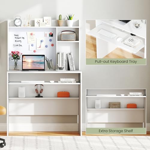 White Desk with Hutch, Small Computer Workstation with Bookshelf, view 6