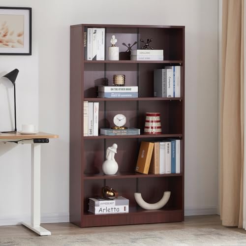 60" Tall Bookcase, 5-Tier Wood Bookshelf with Adjustable Shelves, Free-Standing Display Storage Rack for Home Office Living Room, Mahogany