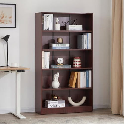 60" Tall Bookcase, 5-Tier Wood Bookshelf with Adjustable Shelves, Free-Standing Display Storage Rack for Home Office Living Room, Mahogany
