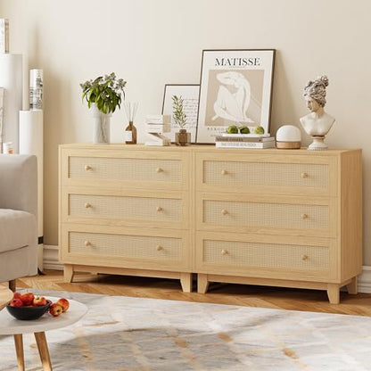 Rattan 3 Drawer Dresser for Bedroom, Small Boho Dresser with Wood Handles, Wood Nightstand, 29.52" Wide Modern Dresser, Chests of Drawers for Living Room, Entryway, Hallway, Natural Oak