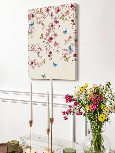 Summer Pink Flower Leaf Linen Texture Canvas Wall Art Prints,48"x32" Framed Picture Artwork Pastoral Floral Butterfly Printed Canvas Oil Painting for Living Room Bedroom Office,Ready to Hang