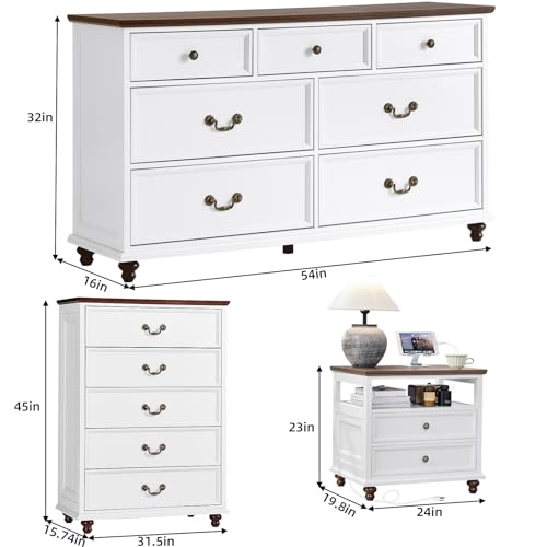 24" Wide Farmhouse Nightstand with Charging Station Set of 2,54" 7 Drawers Dresser, 45" Tall Rustic Chests of 5 Drawers, Farmhouse Furniture Series for Bedroom,White