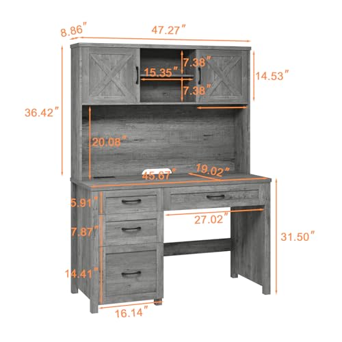 Farmhouse 67" H Executive Desk with Hutch & Drawers, Grey, view 3