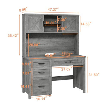 Farmhouse 67" H Executive Desk with Hutch & Drawers, Grey, view 3