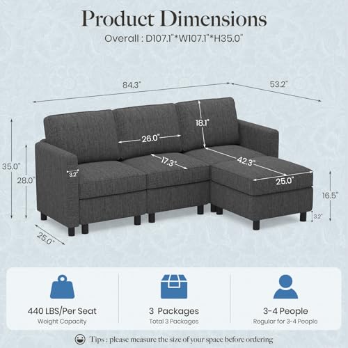84.3" 4 Seats L Shaped Couch Modular Sectional Sofa Washable Sectional Couches for Living Room Comfy Couches with Storage Seat Couch Sofas with Chaise,Dark Grey