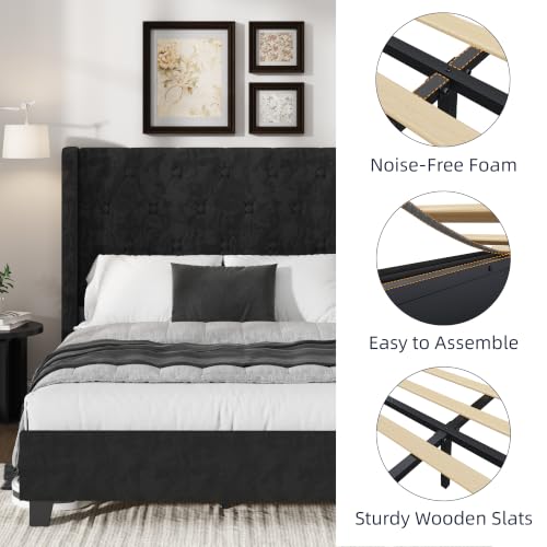 Upholstered Queen Bed Frame, 54" Tall Wingback Headboard, Black, view 4