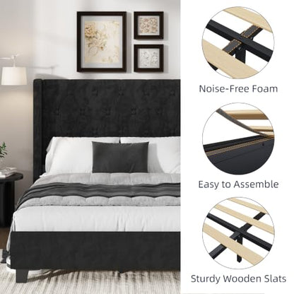 Upholstered Queen Bed Frame, 54" Tall Wingback Headboard, Black, view 4