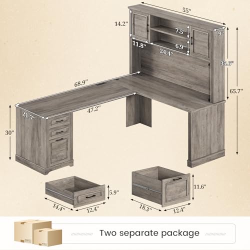 Farmhouse L Shaped Desk with Hutch and 3 Drawers, view 3