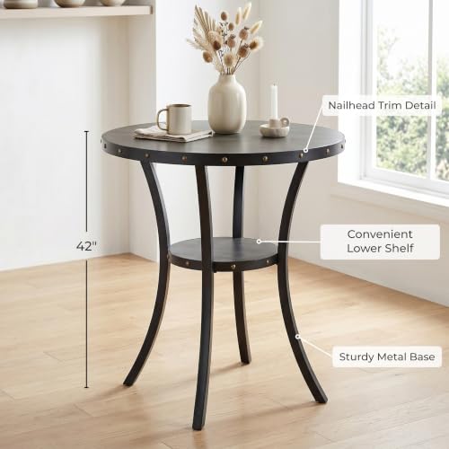 Biony 3 Piece Set - 36" Round Espresso Bar Table with Nail Head Stools, Tan
