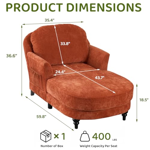 Chaise Lounge Chair Indoor, 59.8" Oversized Reading Chair, Orange, view 3