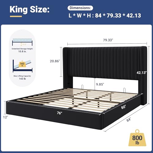 King Size Lift Up Storage Bed Frame Channel Tufted Headboard Black, view 3