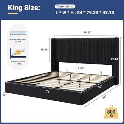 King Size Lift Up Storage Bed Frame Channel Tufted Headboard Black, view 3