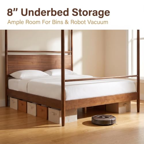 Walnut Solid Wood Canopy Bed Frame Queen Size with Four-Posters Headboard, view 7
