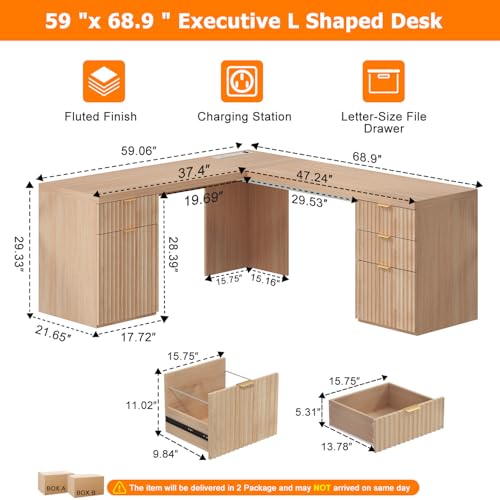 69" Modern L Shaped Executive Desk with Charging Station & File Drawer, Fluted Wood Home Office Corner Desk with Storage Cabinet and Drawers, Large Corner Computer Desk Writing Desk, Natural Oak